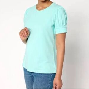 New Belle Beach by Kim Gravel Double Smocked Sleeve Top Light Aqua size 2X